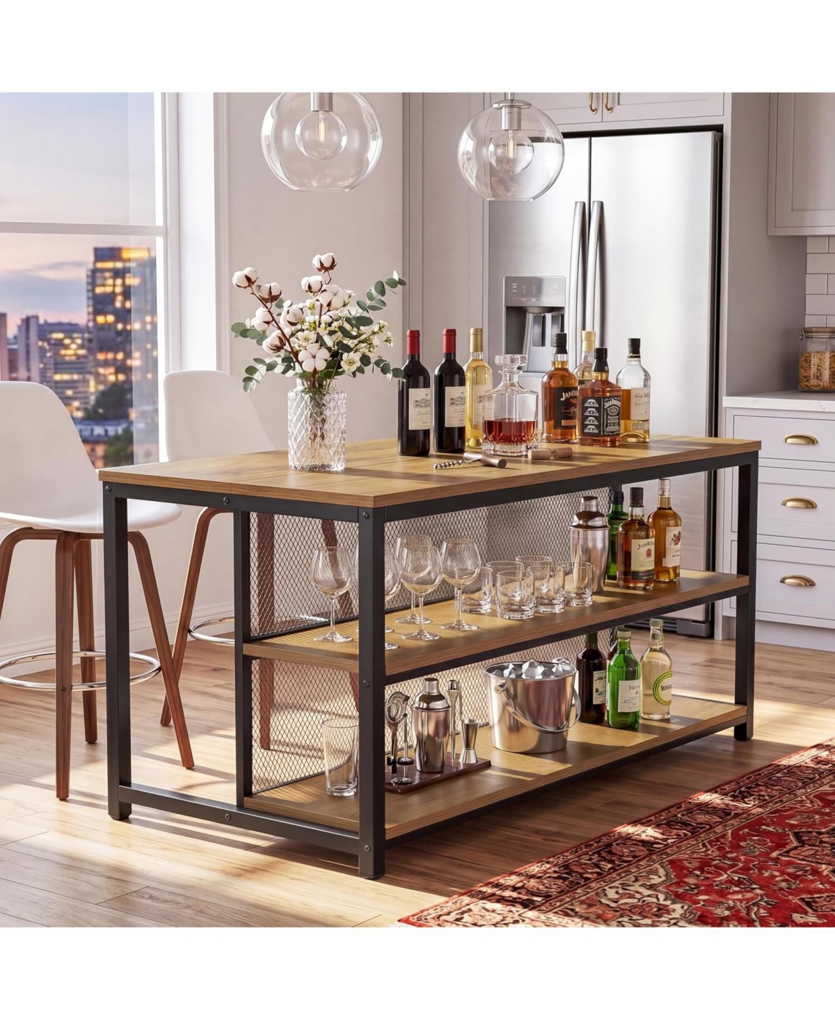Tribesigns 63" Kitchen Table: Home kitchen table with storage and seating. Farmhouse counter height wine cabinet for kitchen, dining room, living room