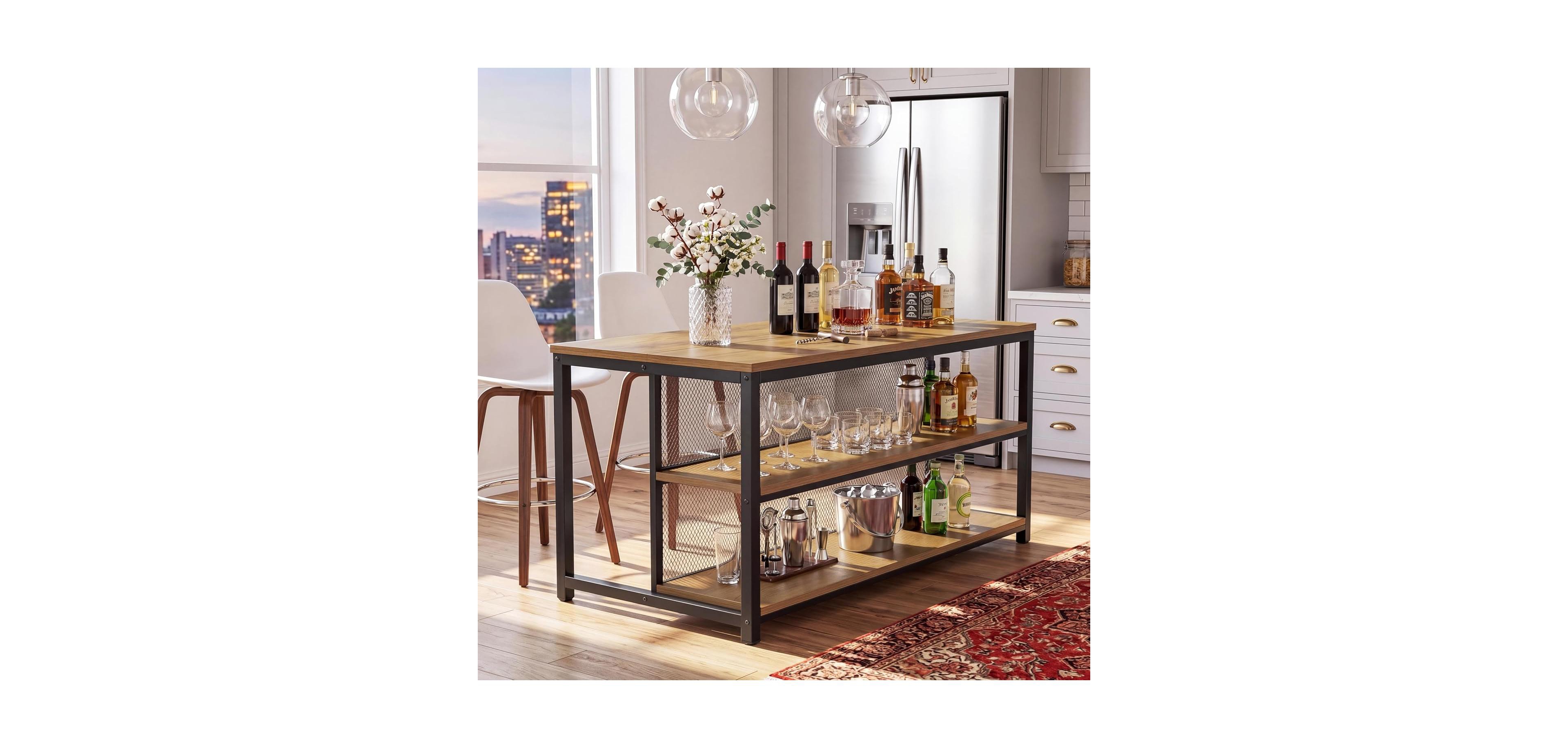 Tribesigns 63" Kitchen Table: Home kitchen table with storage and seating. Farmhouse counter height wine cabinet for kitchen, dining room, living room