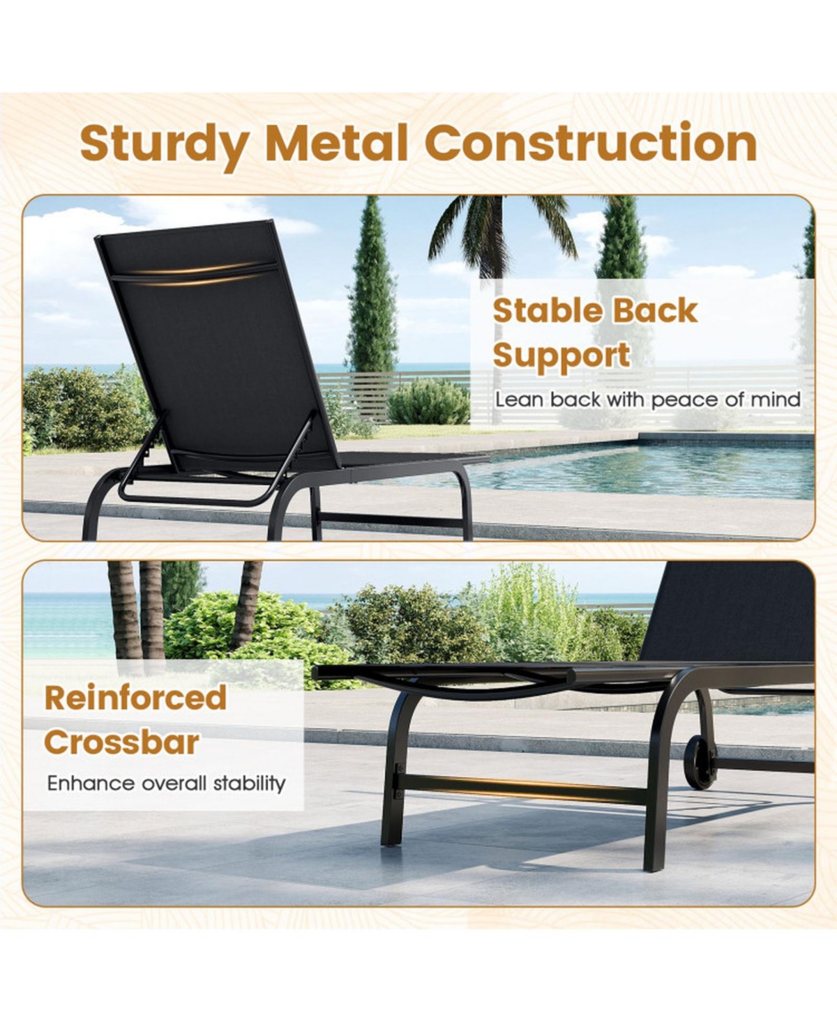 Gouun Outdoor Chaise Lounge Chair with Wheels and Heavy-Duty Metal Frame