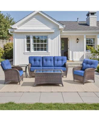 5 Pieces Patio Furniture Set, Outdoor Wicker Sofa with Rattan Chairs, Coffee Table, 5" Thick Cushions