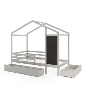 Kids Twin House Bed with 2 Drawers Solid Wood Bed with Blackboard