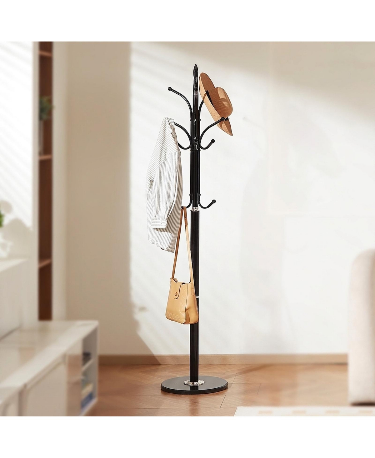 Sugift Freestanding Coat Rack with Marble Base 6 Hooks Carbon Steel Stand for Entryway Bedroom Office