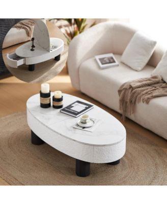 Oval Faux Marble Coffee Table with Hidden Drawer