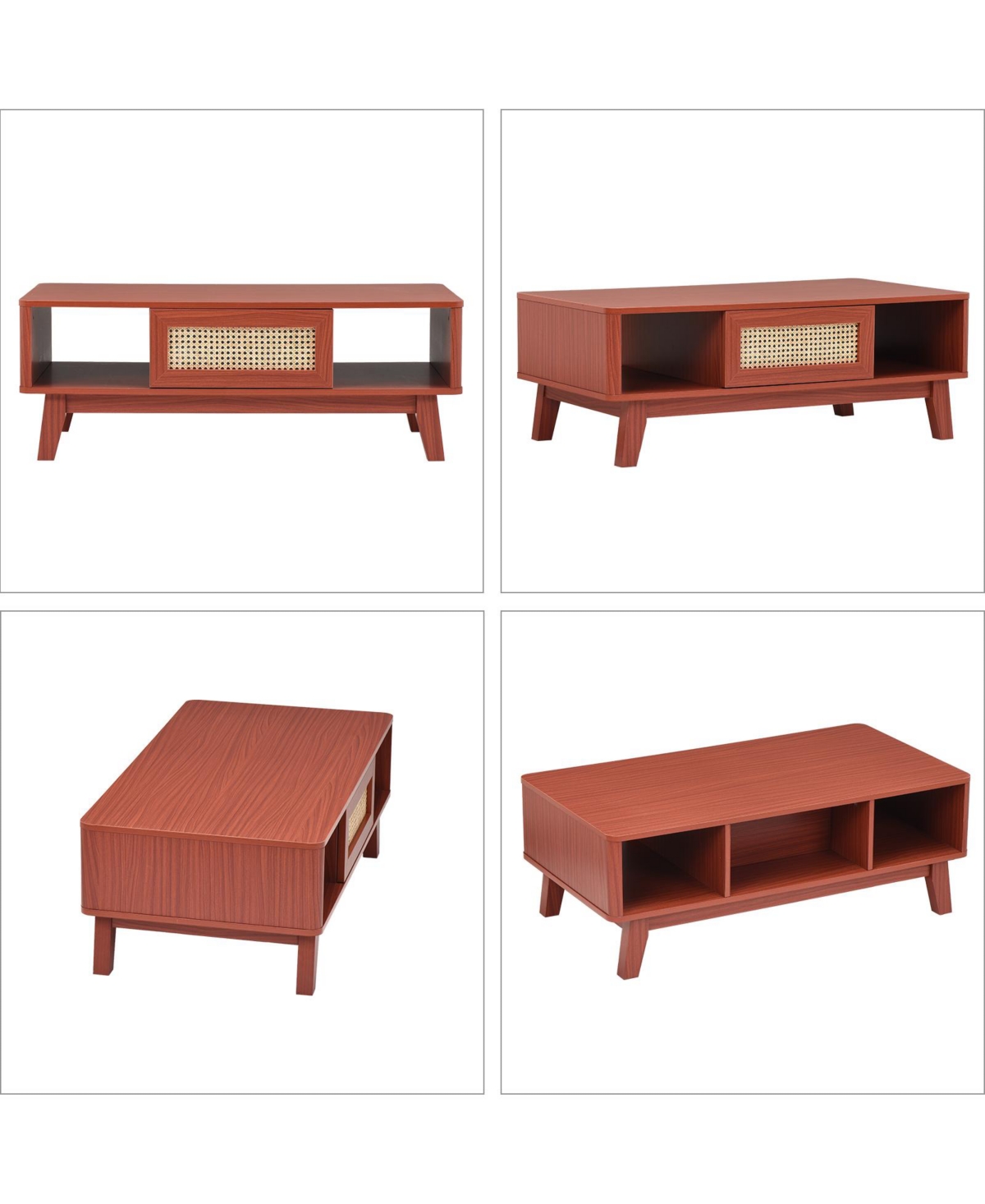 Flynama Mid Century Coffee Table Rattan Drawer Solid Wood Leg Storage Table
