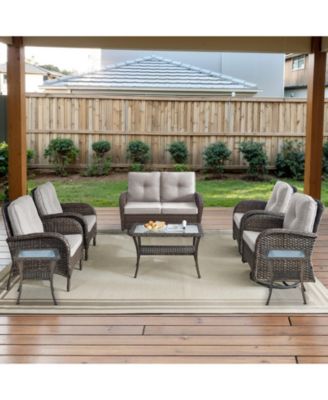 8-Piece All-Weather Outdoor Wicker Family Conversation Set with Glider Loveseat, Arm Chairs, Swivel Rocking Chairs and Tables