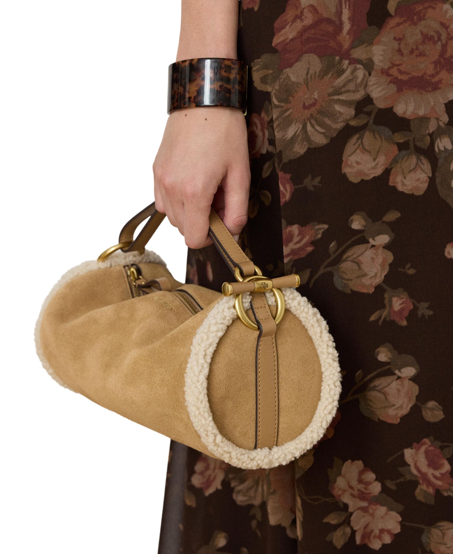 Blaike Suede Shearling Trim Small Barrel Bag
