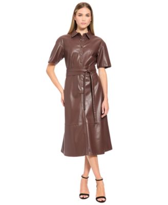 Women's Faux Leather Short-Sleeve Midi Dress