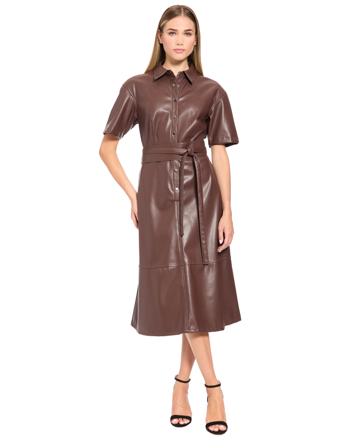 Luxely Women's Faux Leather Short-sleeve Midi Dress In French Roast