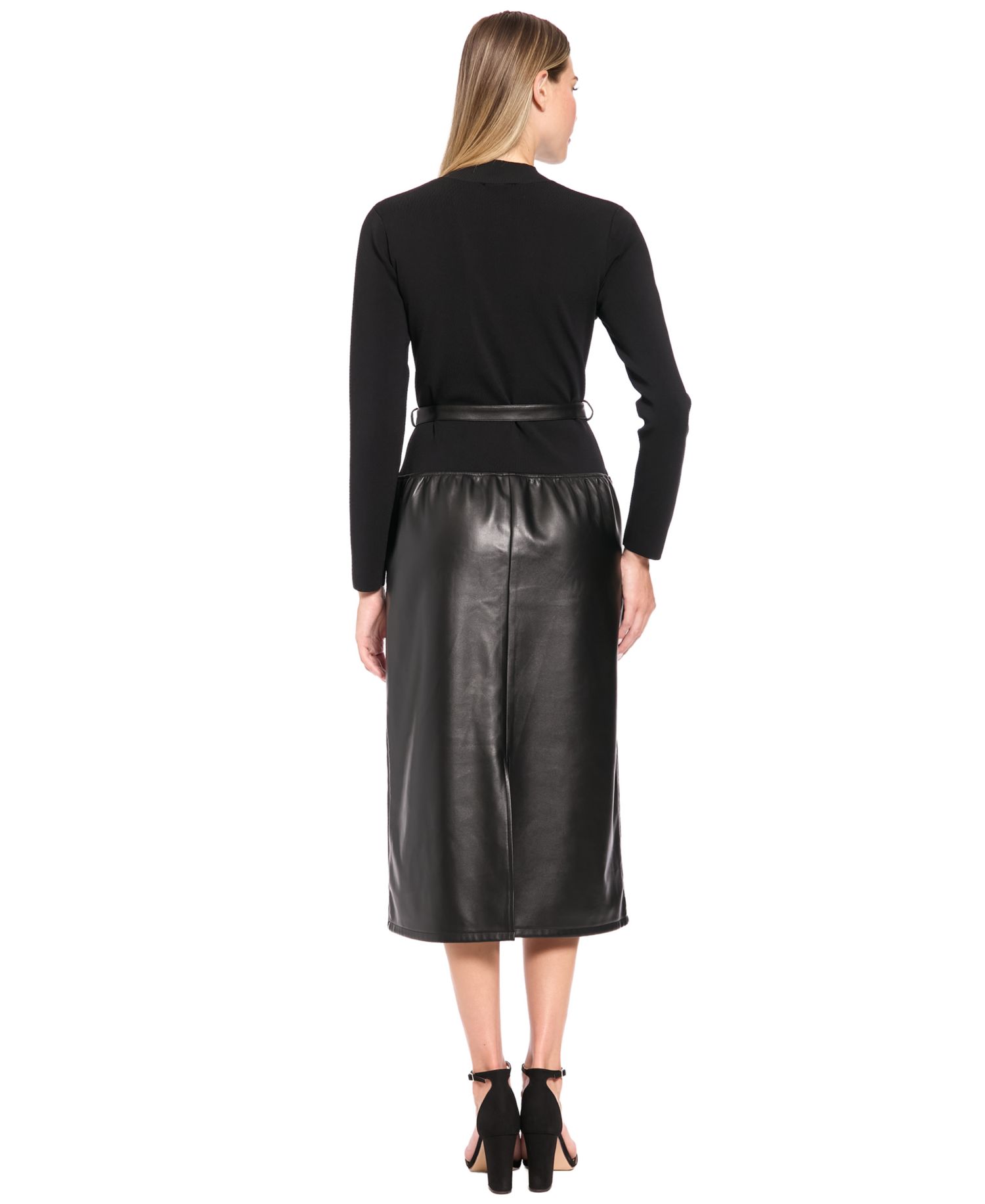 Women's Long-Sleeve Mock-Neck Mixed-Media Midi Dress