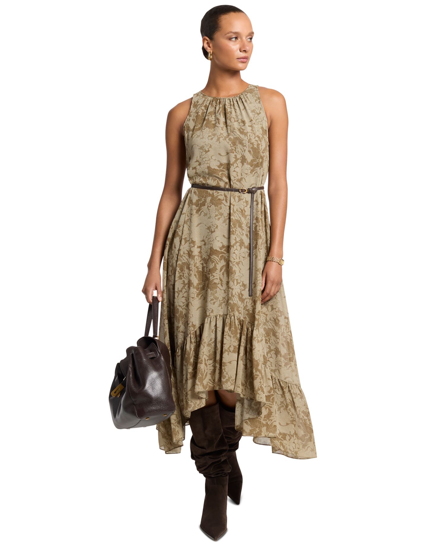 Women's High-Low Floral-Print Ruffled Hem Midi Dress