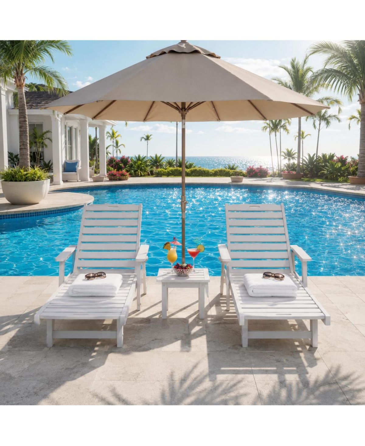 homfan Set of 2 Hdpe Chaise Lounge Chairs with 5-Position Backrest, Cup Holder and Wheels
