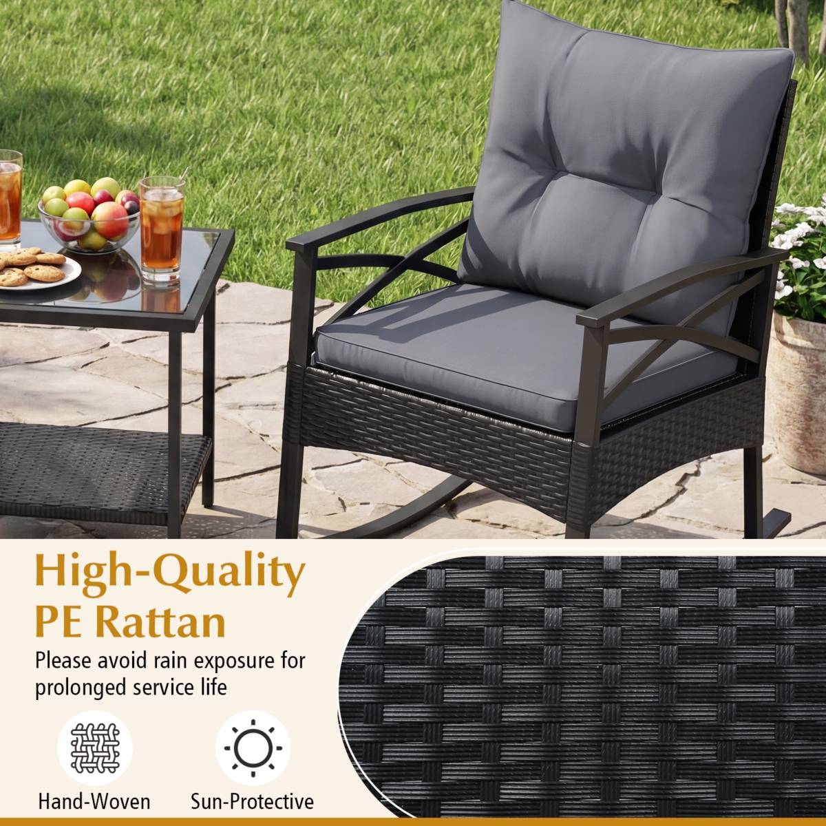 Gymax 3 Pieces Rattan Rocking Bistro Set with Tempered Glass Tabletop and Cushions for Porch Mix