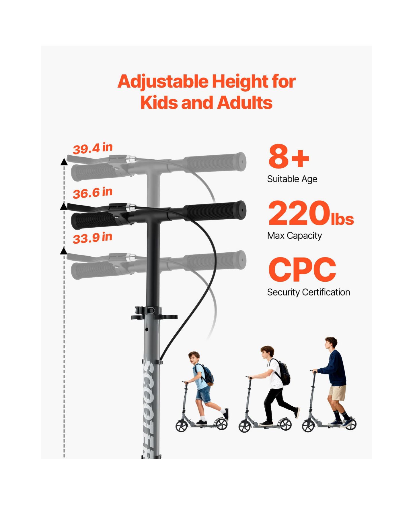 Детская игрушка SUGIFT Adjustable-Foldable Aluminum Alloy 2-Wheel Kick Scooter, Up to 220 lbs, Ages 8+, цвет: Серый — фото 4