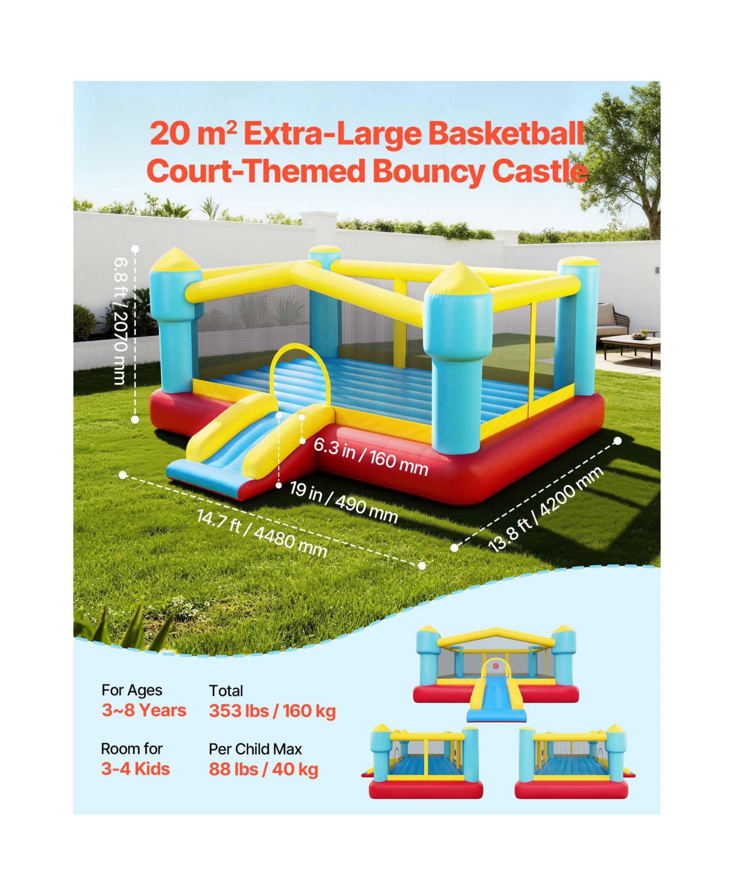 Детская игрушка SUGIFT Inflatable Bounce House, 14.7 x 13.8 x 6.8 feet, Oxford Cloth, With Slide and Hoop Target, Ages 3-8, цвет: Синий — фото 8