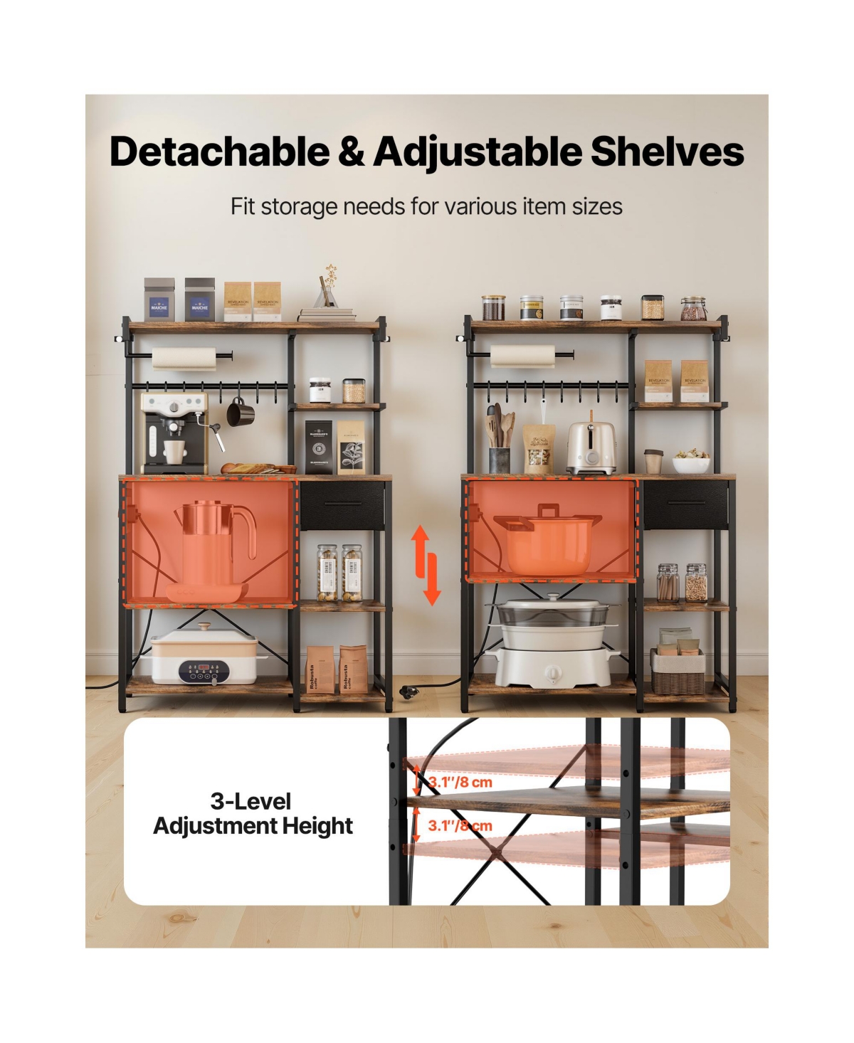 Sugift Kitchen Bakers Rack with Power Outlet 4.6ft Power Cable X-Shaped Support Bar 8 S-Shaped Hooks
