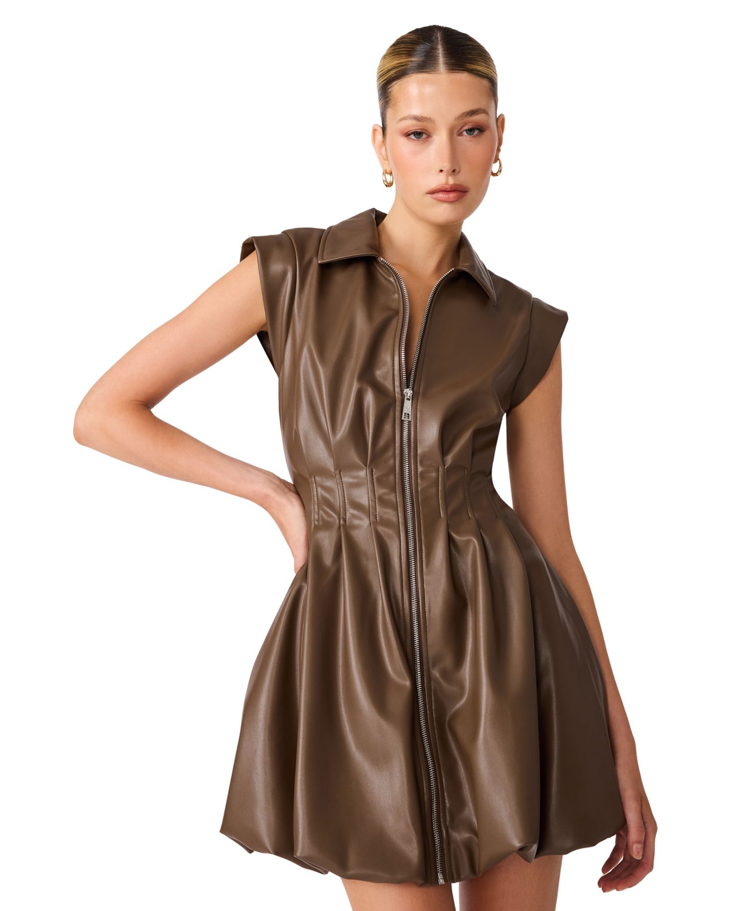 Women's Dyanne Sleeveless Collared Bubble-Hem Faux Leather Mini Dress