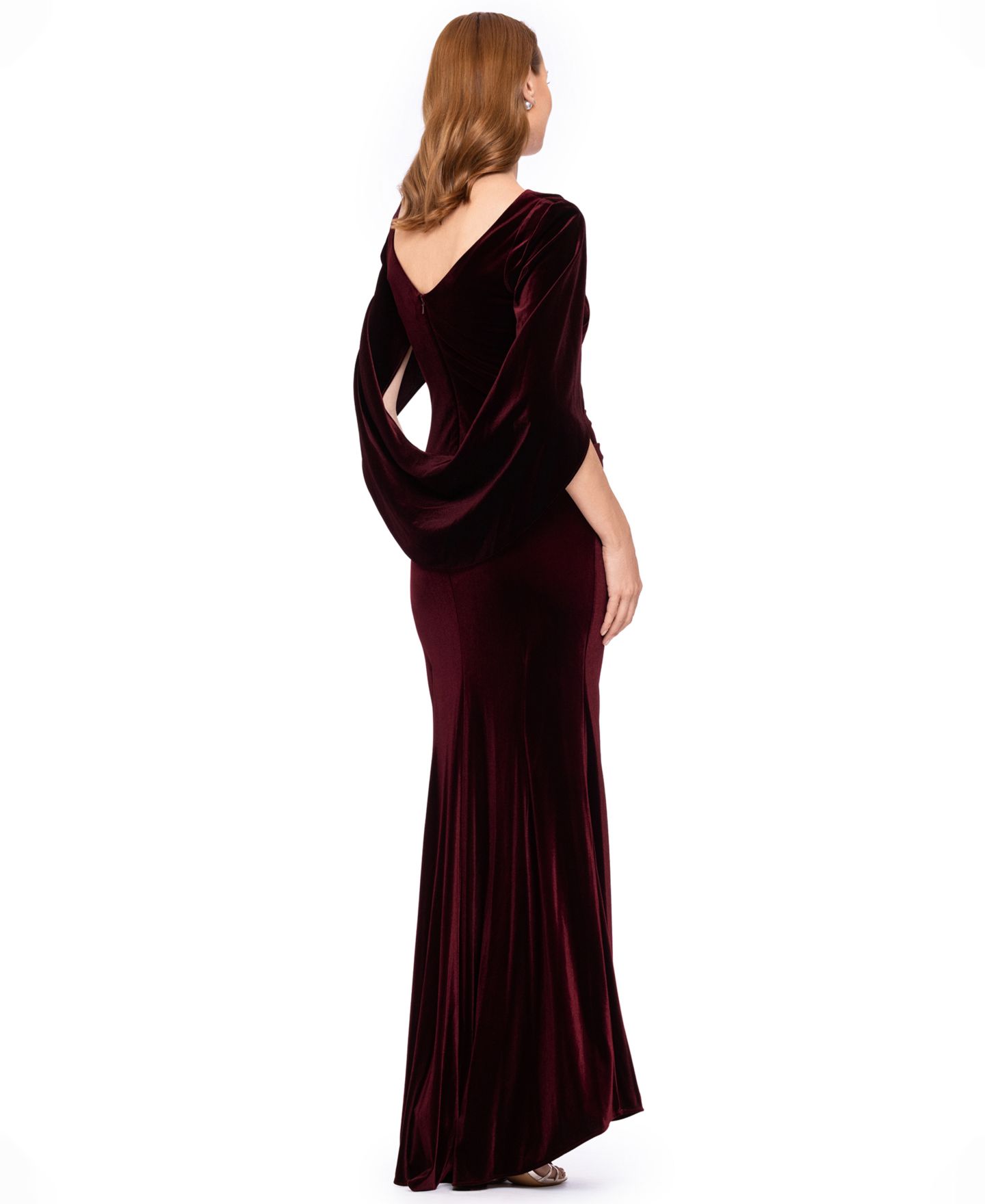 Женское платье Betsy & Adam Velvet Draped Back Long, цвет: Бордовый — фото 4
