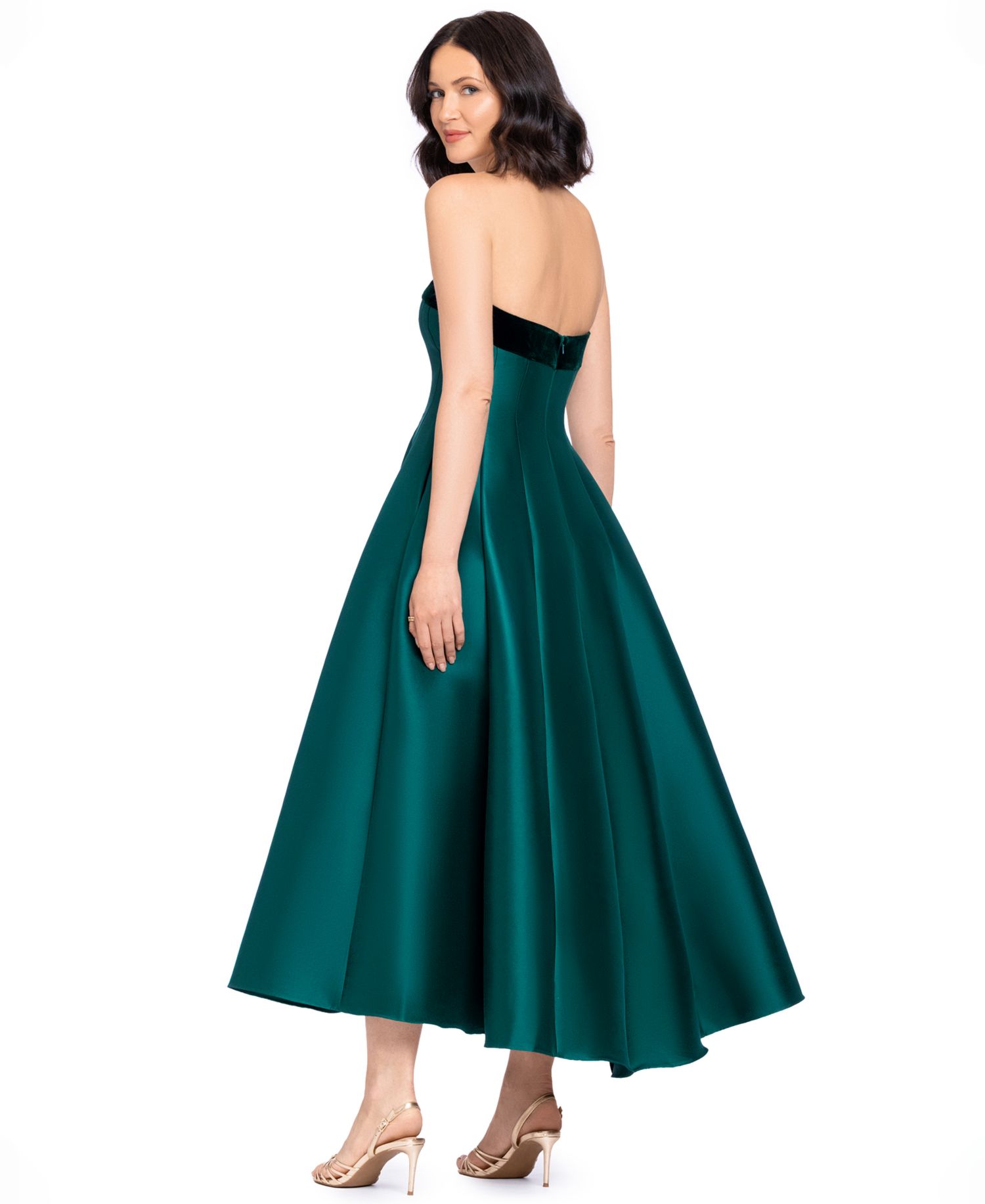 Women's Strapless Mikado With Velvet Stripe High Low Fit & Flare Dress