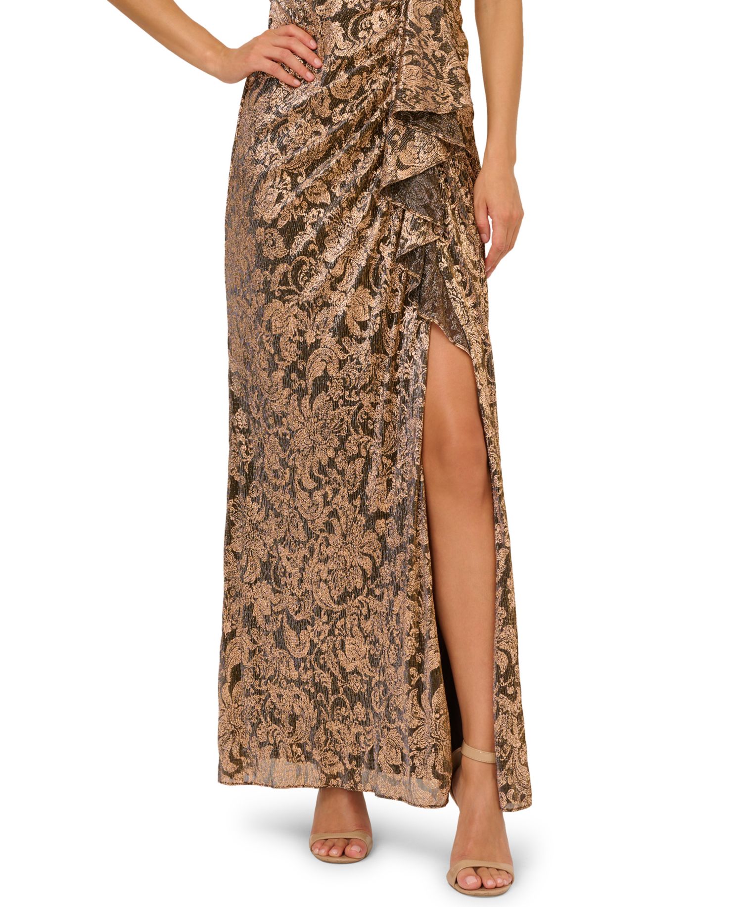 Women's Asymmetrical-Neck Metallic-Crinkle Wedding Guest Long Dress