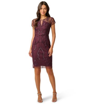 adrianna papell women's beaded fringe sheath dress Short-Sleeve - Night Plum blue dress white flowers lounge dress Womens Adrianna Papell Beaded Kid Size:6T