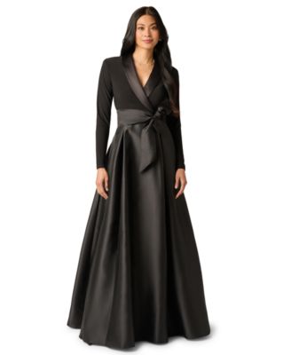 Women's Tuxedo Combo Fit and Flare Long-Sleeve Shawl Collar Satin Gown