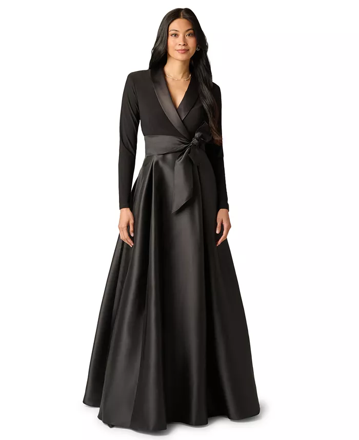 Women's Tuxedo Combo Fit and Flare Long-Sleeve Shawl Collar Satin Gown