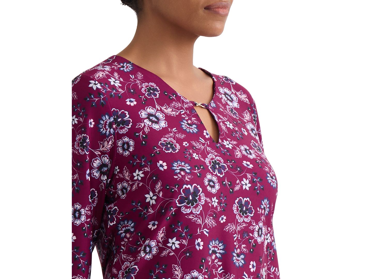 Женский топ Jones New York Floral Print Key-Hole Detail Top, цвет: Ягодный красный разноцветный — фото 3