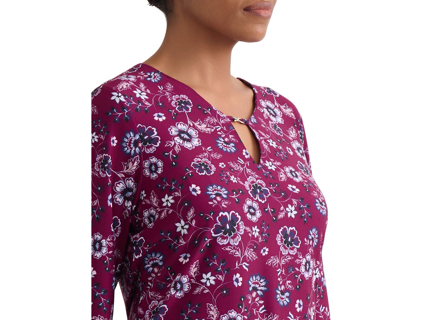 Petite Floral Print Key-Hole Detail Top