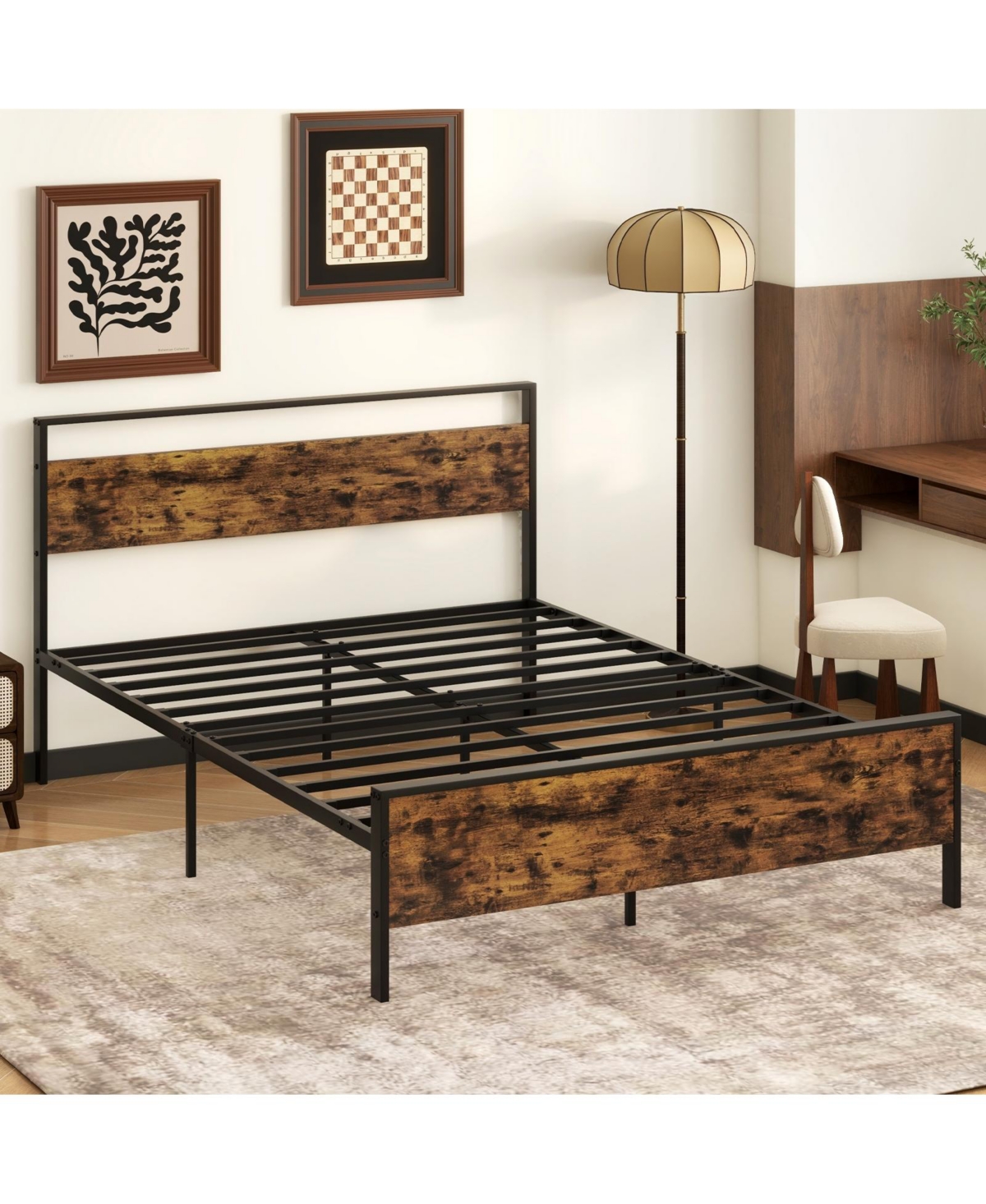 Slickblue Metal Platform Bed Frame with Wooden Headboard