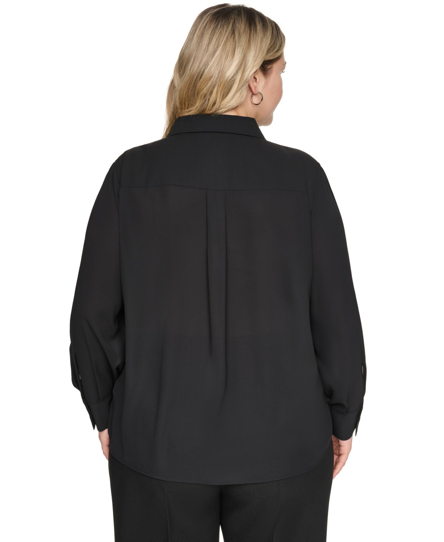 Plus Size Long-Sleeve Collared Pleated Blouse