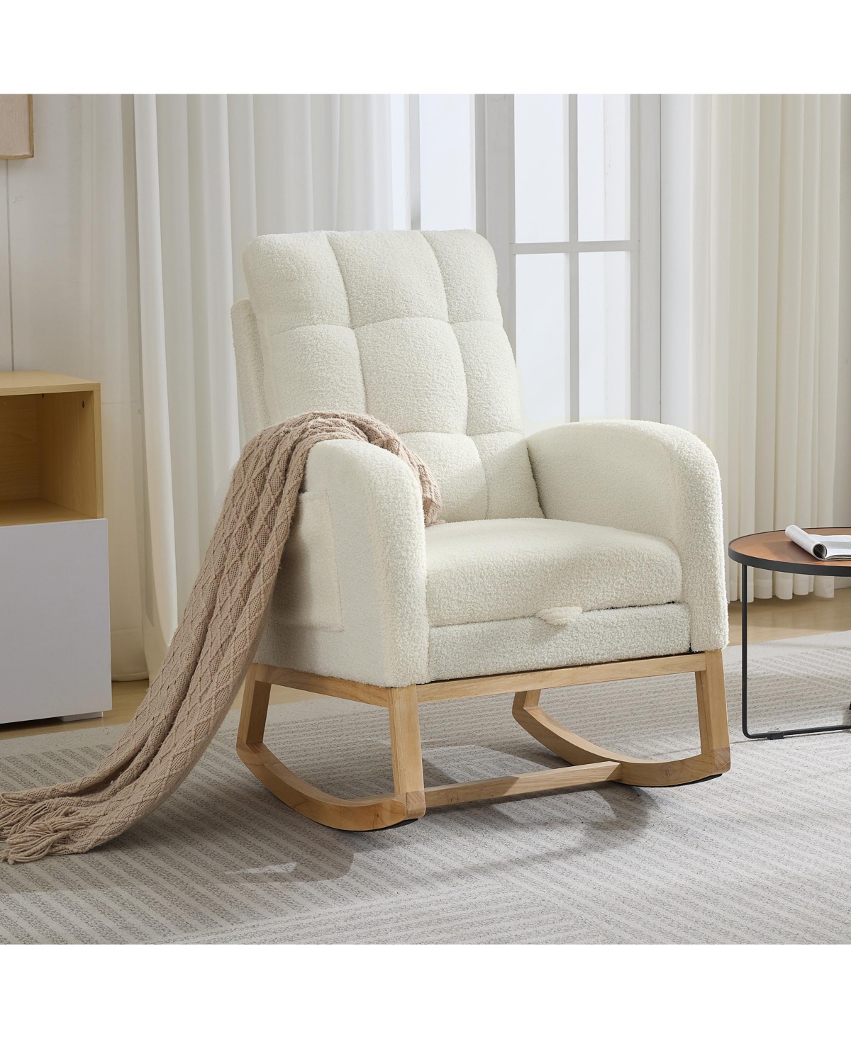 Beige Upholstered Rocking Glider Armchair with Footrest and Side Pocket, Modern Nursery Rocker Chair for Living Room and Nursing Room