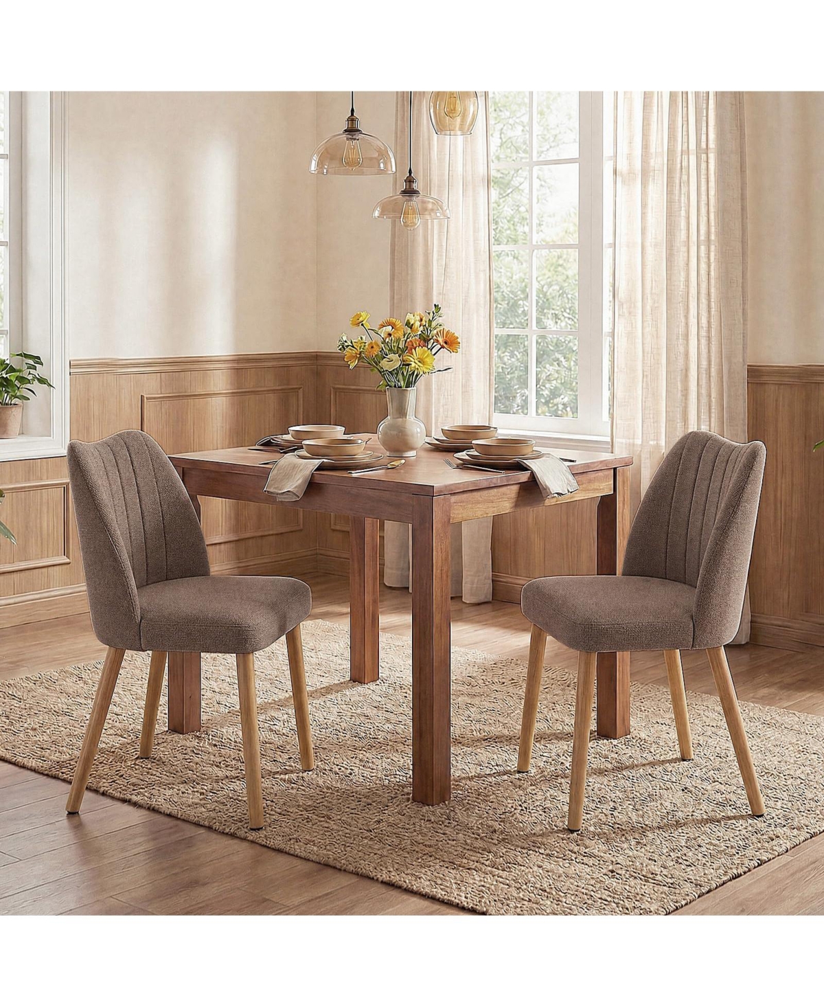 Set of 2 Modern Armless Upholstered Dining Chairs, Fabric Seating with Backrest and Wooden Legs, Tool-Free Assembly for Kitchen, Living Room