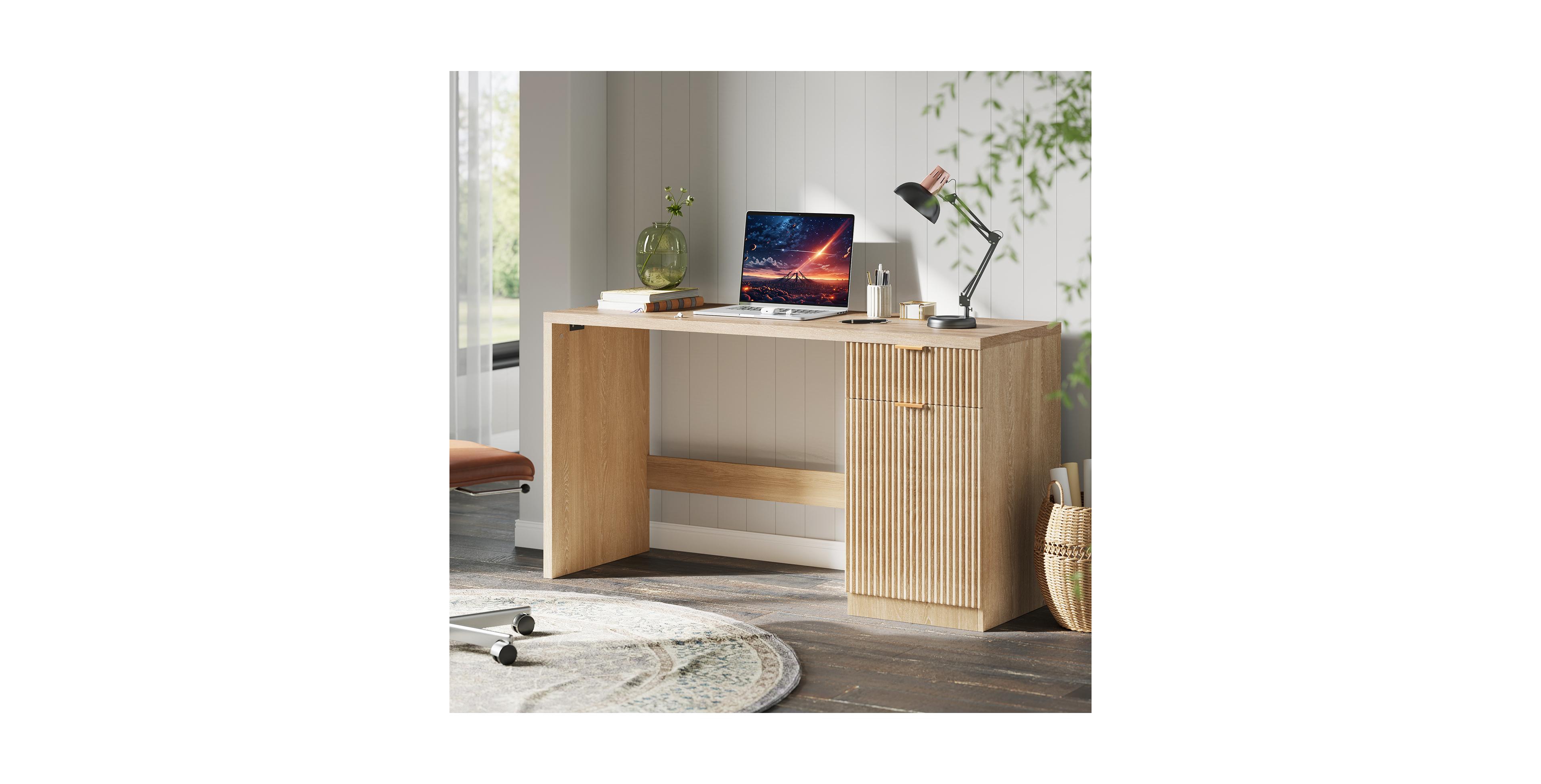 Executive Office Desk, 60 Inch Computer Writing Workstation with Drawer, Storage Cabinet for Home Office, Study, Bedroom, Natural Oak