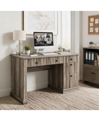 54" Fluted Home Office Desk with File Drawer, Charging Station, Modern Executive Computer Writing Desk for Study Room, Grey