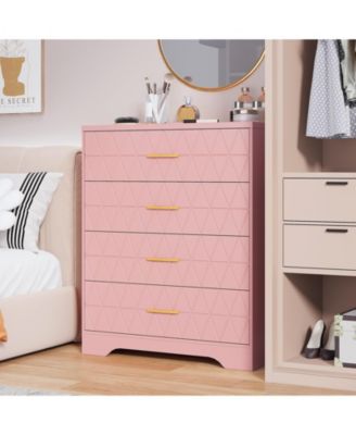 4 Drawer Chest of Drawers with Gold Metal Handles, Modern Tall Dresser Storage Organizer Cabinet for Living Room, Hallway, Nightstand, Pink