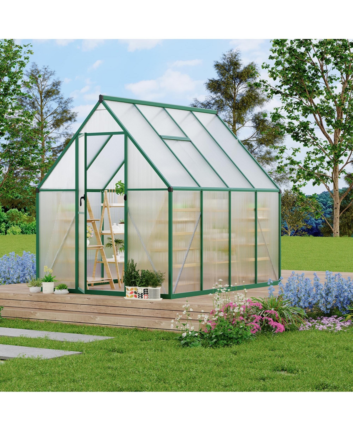 6x7 Ft Walk-In Sun Room Greenhouse, Aluminum Frame with Clear Polycarbonate Panels for Patio Backyard Garden All-Season Growing, Green/Silver