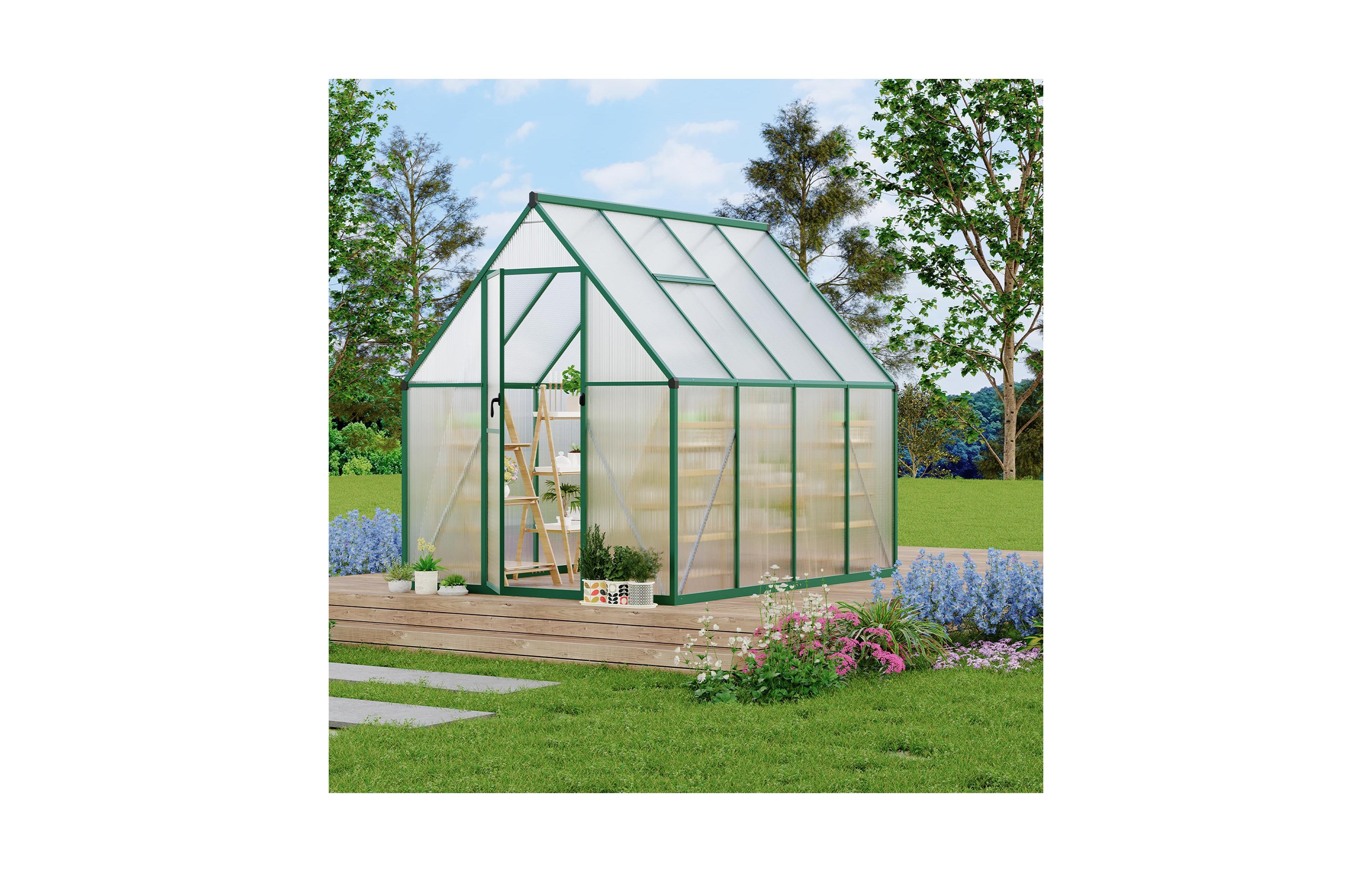 6x7 Ft Walk-In Sun Room Greenhouse, Aluminum Frame with Clear Polycarbonate Panels for Patio Backyard Garden All-Season Growing, Green/Silver