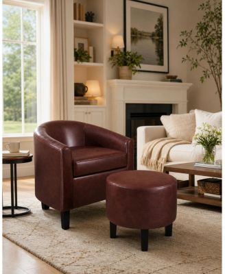 Chair and Ottoman Set - PU Leather Barrel Chair with Footrest, Small Comfy Armchair for Bedroom, Office and Study