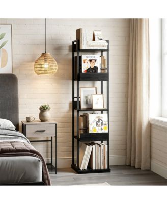 5-Tier Corner Bookshelf, 360-Degree Rotating Tall Narrow Bookcase with Guardrail, Industrial Storage Rack for Living Room Bedroom Home Office