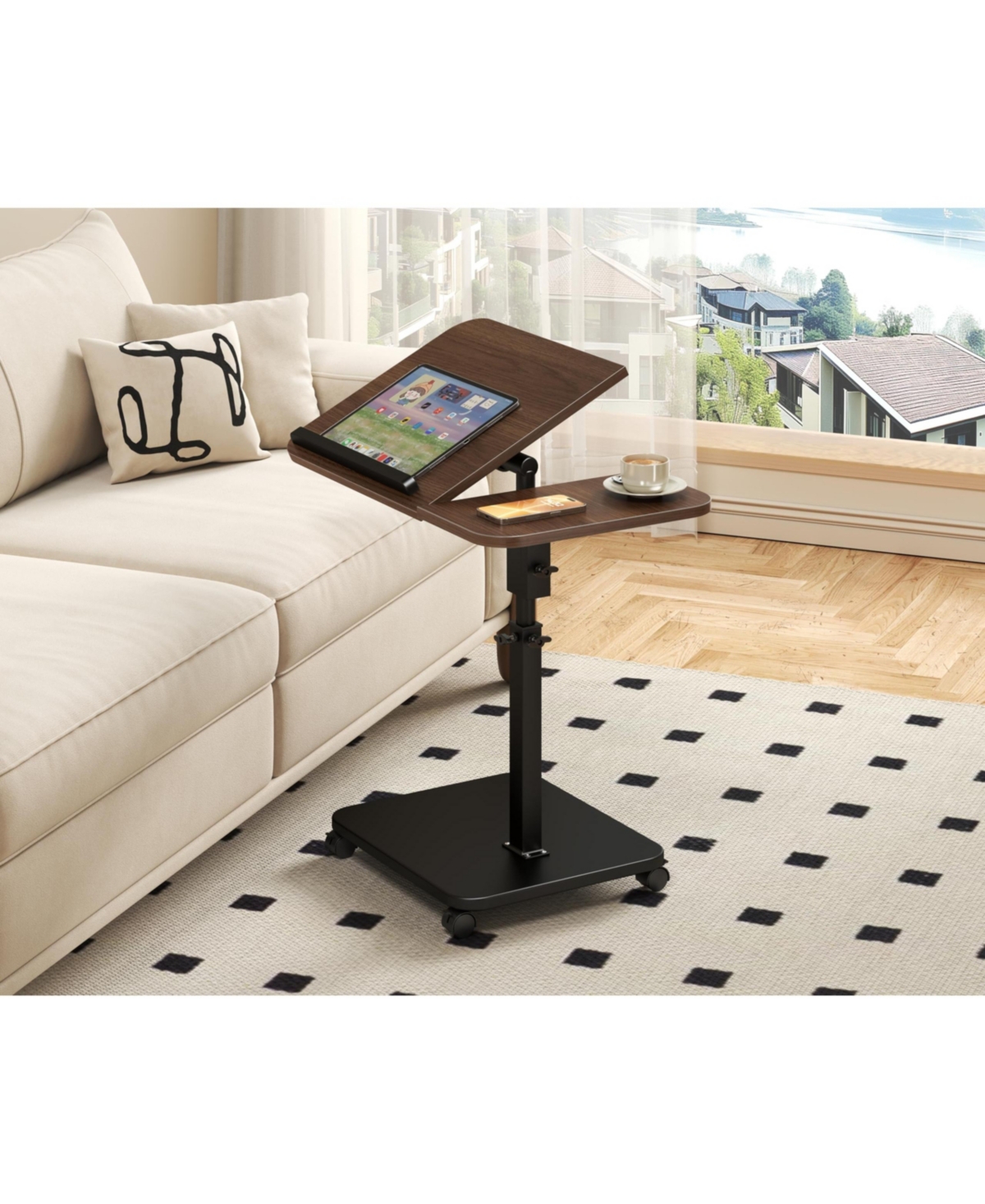 Adjustable Height C-Shaped End Table with Wheels and 180degree(s) Swivel, Slide Under Sofa Tv Tray,Brown