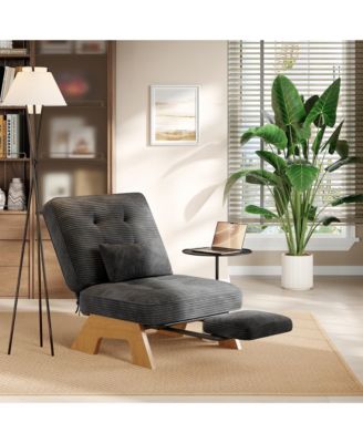 Accent Lounge Chair with Adjustable Backrest and Built-in Footrest Tufted Corduroy Armchair with Lumbar Pillow for Living Room Bedroom Reading Nook