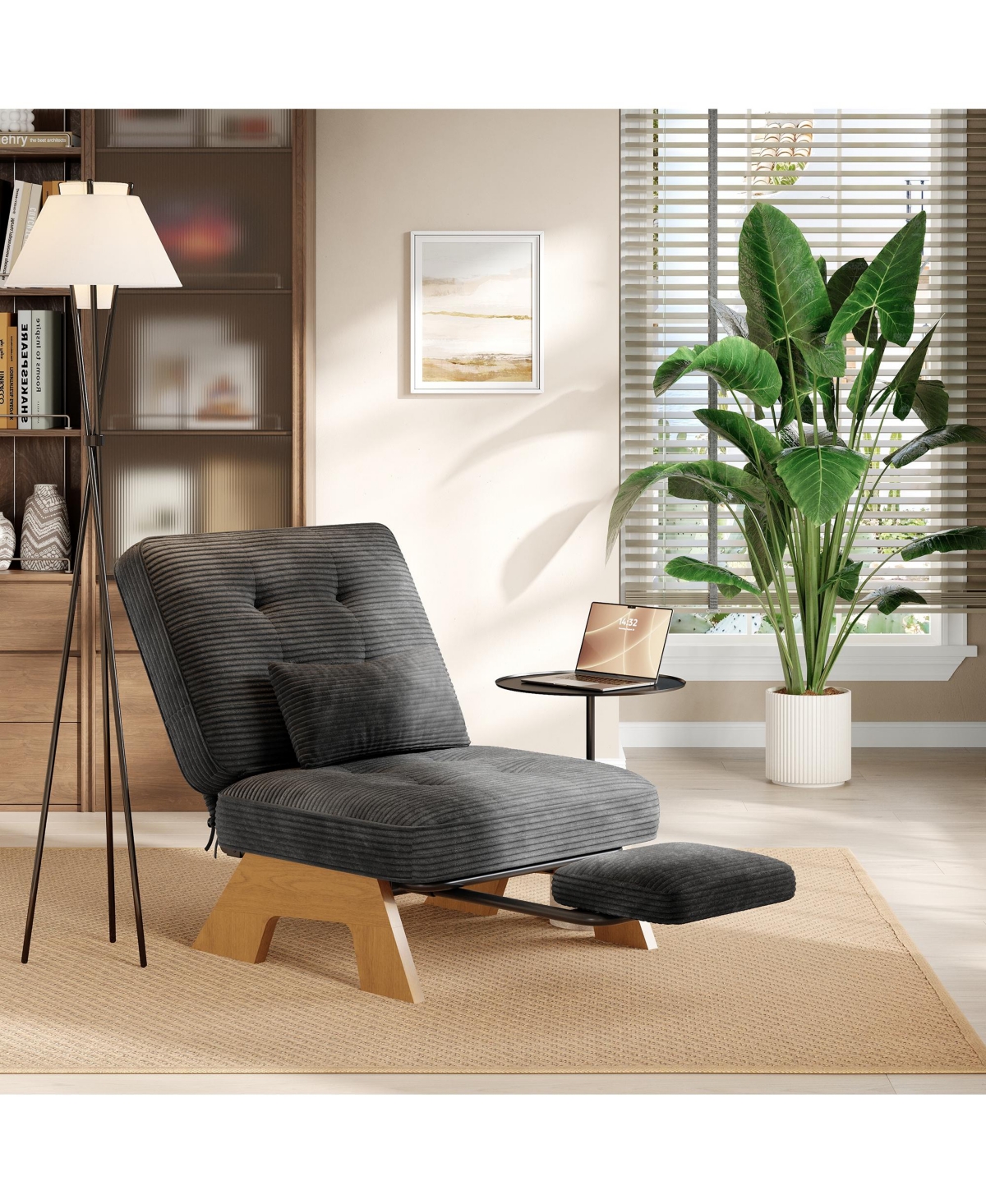 Accent Lounge Chair with Adjustable Backrest and Built-in Footrest Tufted Corduroy Armchair with Lumbar Pillow for Living Room Bedroom Reading Nook