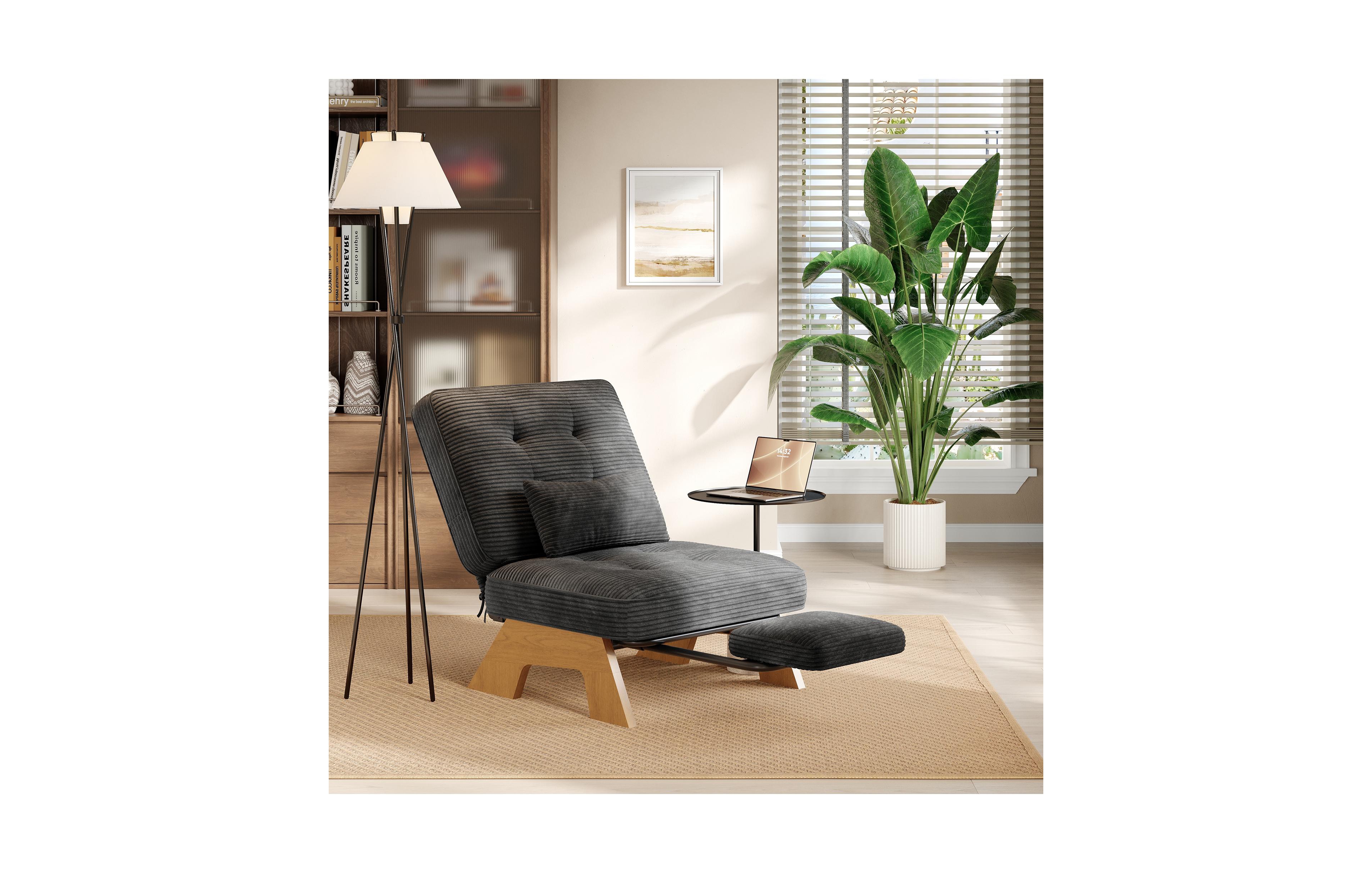 Accent Lounge Chair with Adjustable Backrest and Built-in Footrest Tufted Corduroy Armchair with Lumbar Pillow for Living Room Bedroom Reading Nook