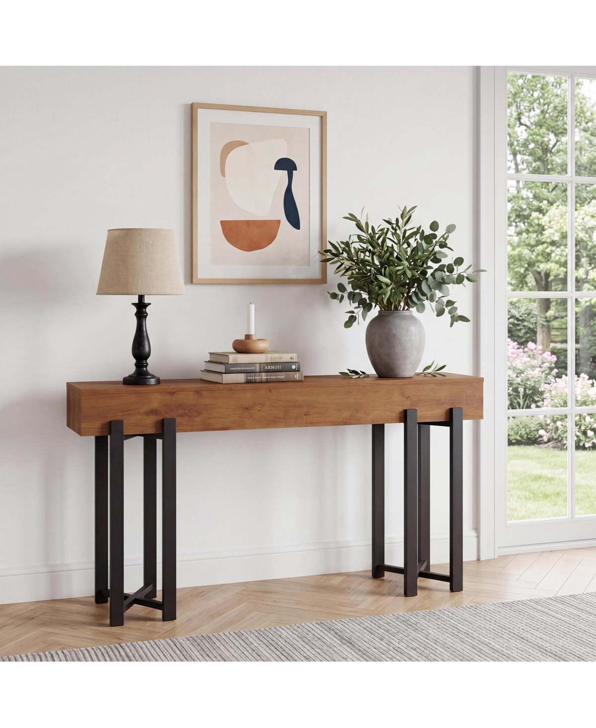 63" Modern Console Table, Wood Entryway Table with Metal Legs, Narrow Behind Couch Table, Rustic Brown/Black