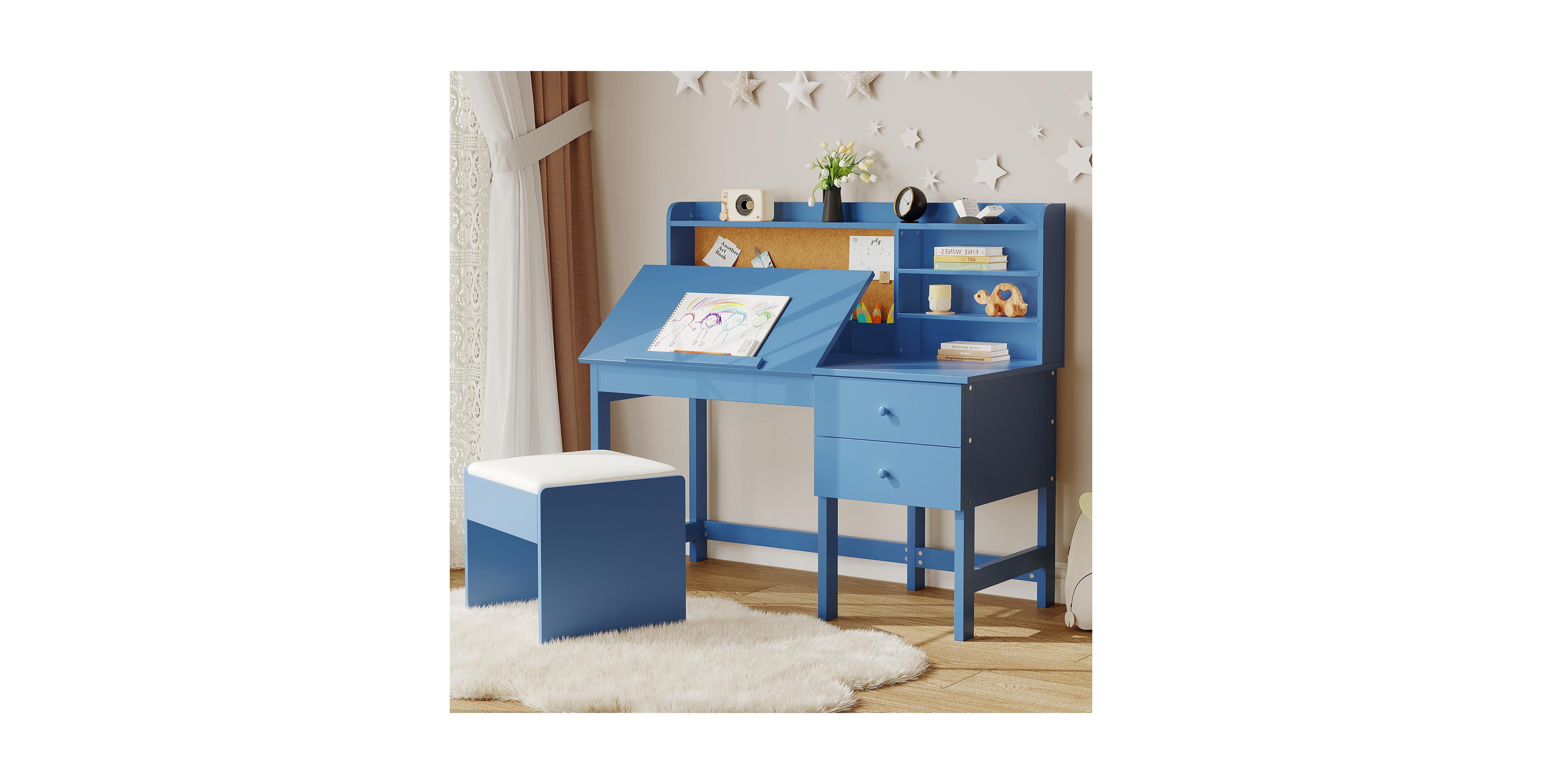 homfan Adjustable Kids Desk and Chair Set, Wooden Study Table with Tilting Desktop, Drawers Cork Board, Ergonomic Workspace for Boys Girls