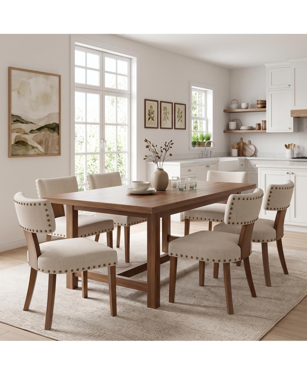 Set of 6 Mid-Century Upholstered Dining Chairs, Linen Covered Accent Chairs with Nailhead Trim, Curved Backrest and Wooden Legs for Kitchen, Home