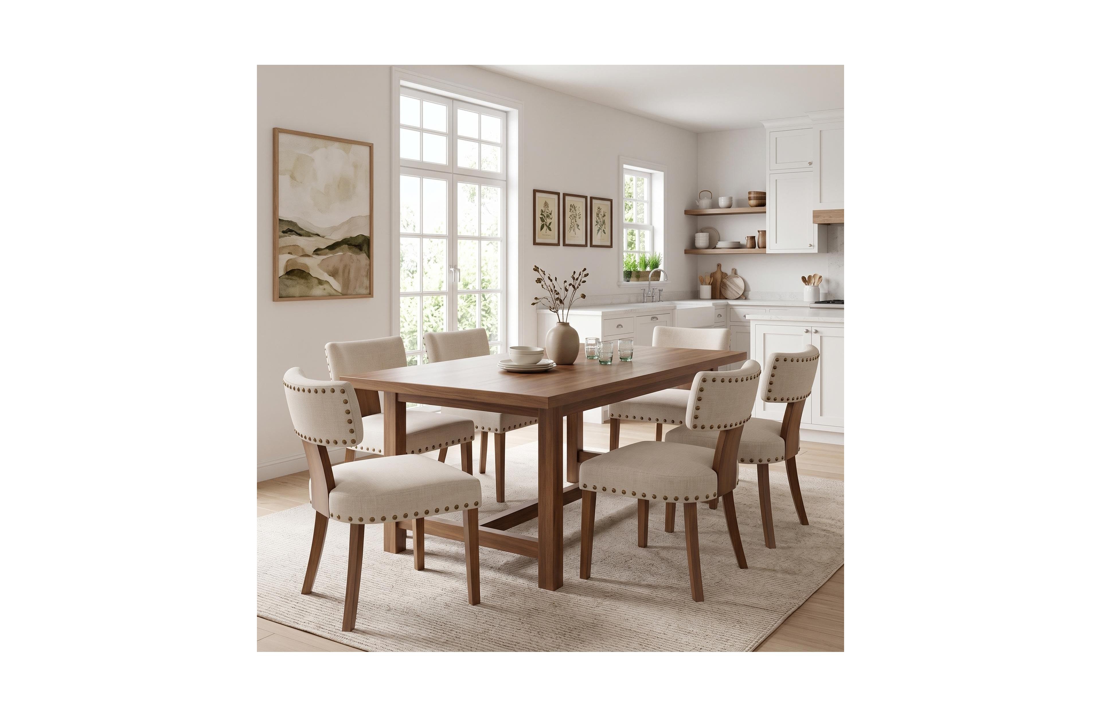Set of 6 Mid-Century Upholstered Dining Chairs, Linen Covered Accent Chairs with Nailhead Trim, Curved Backrest and Wooden Legs for Kitchen, Home
