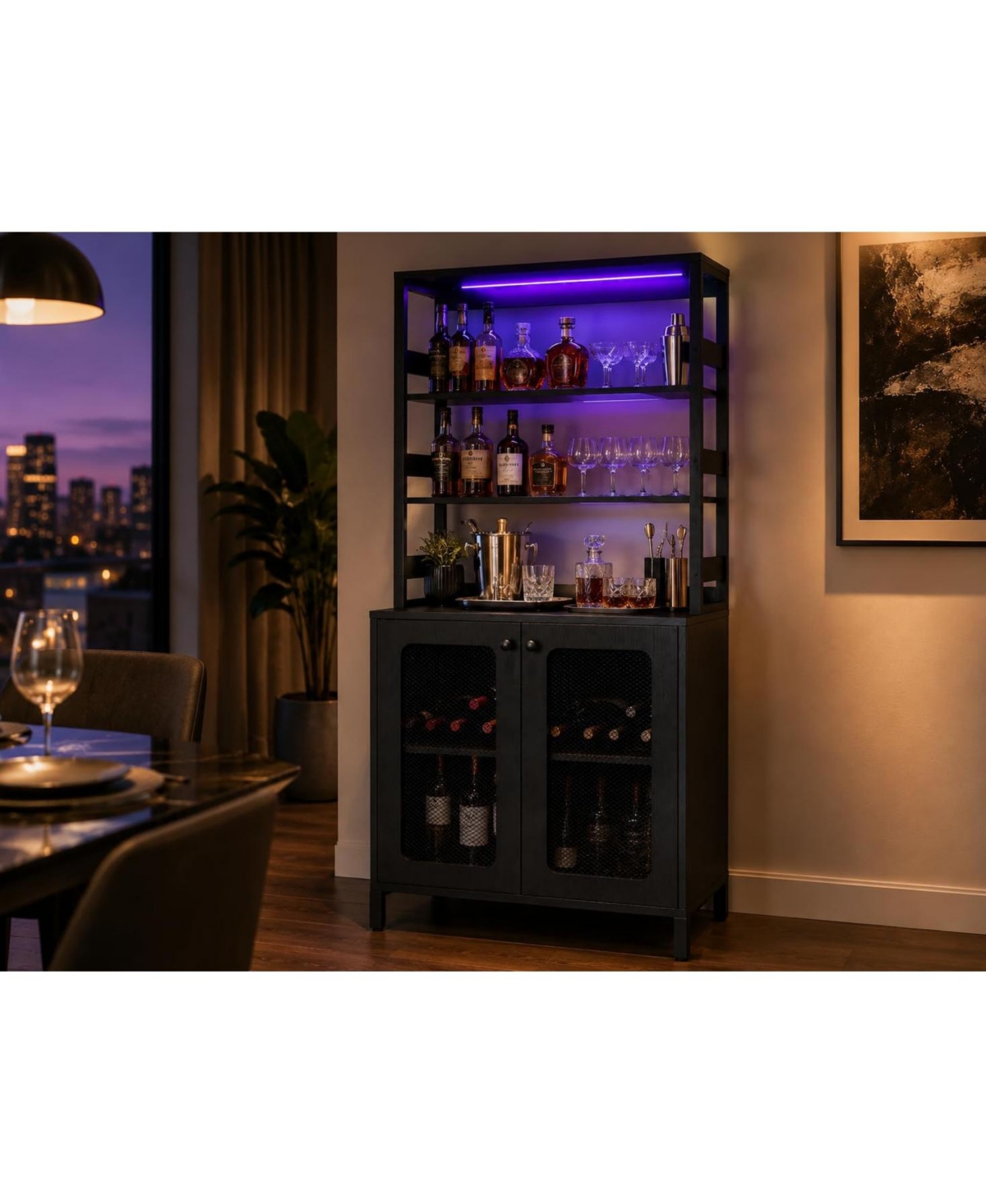 67 Inch Bar Cabinet, Farmhouse Bakers Rack with Rgb Led Lights, Power Outlet, Storage Shelves, Coffee Liquor Storage Hutch for Kitchen Dining Room
