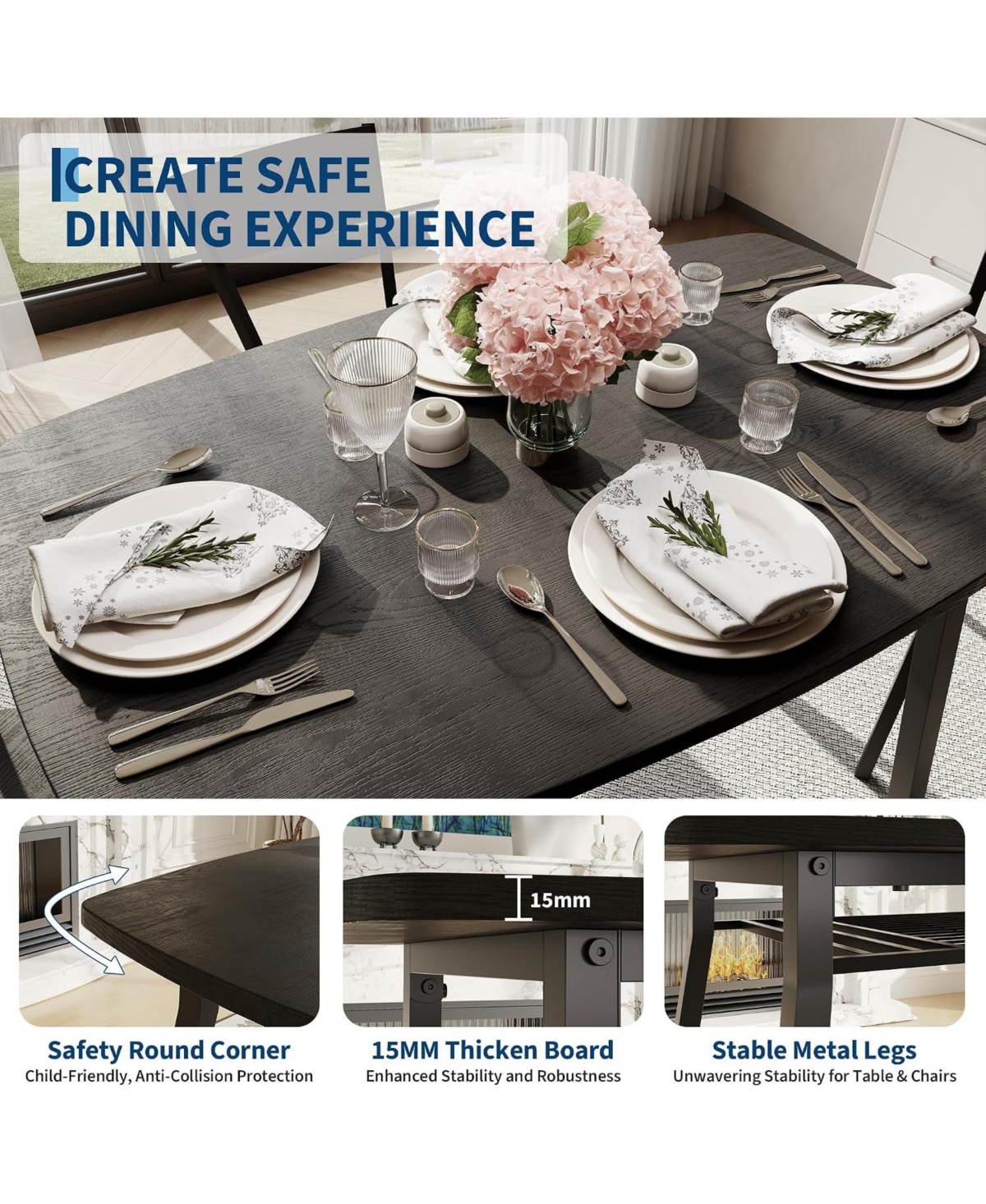 5-Piece Dining Table Set for 4, Space-Saving Kitchen Table and Ergonomic Curved Chairs with Under Table Storage Rack, Safe Rounded Corners, Black