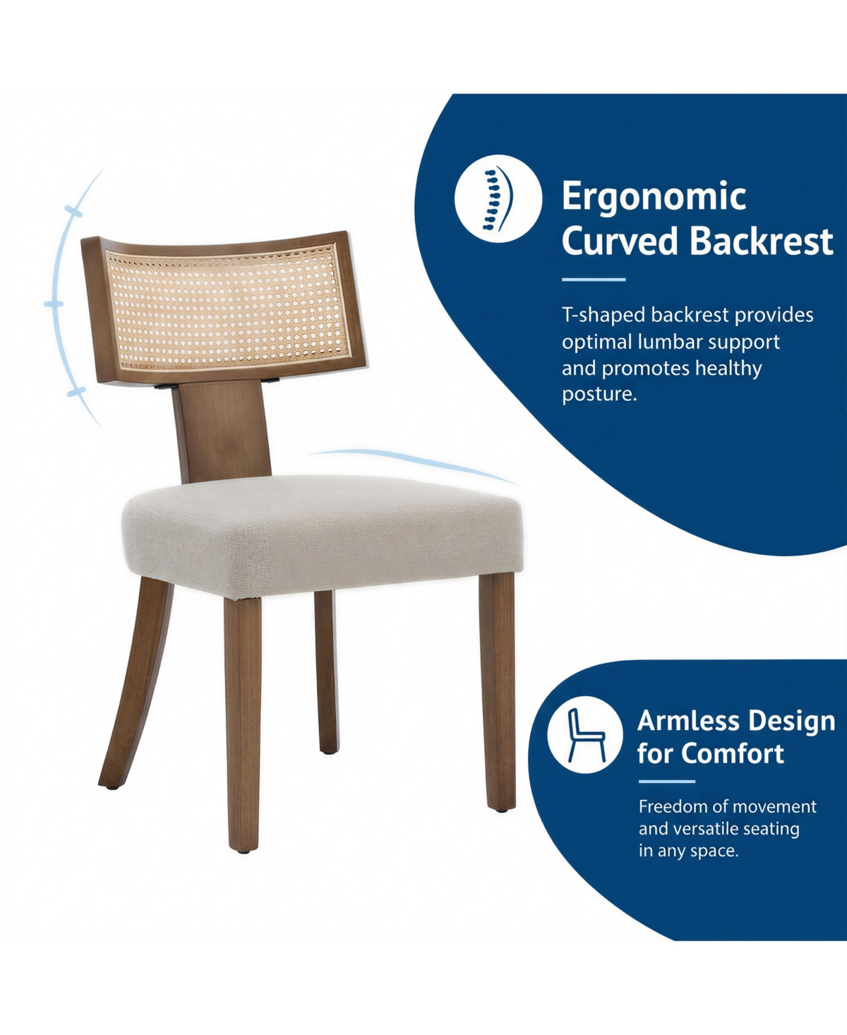 Set of 2 Mid-Century Dining Chairs with Rattan Back, Upholstered Linen Seat and Wood Frame for Kitchen Dining Room Living Room, Beige